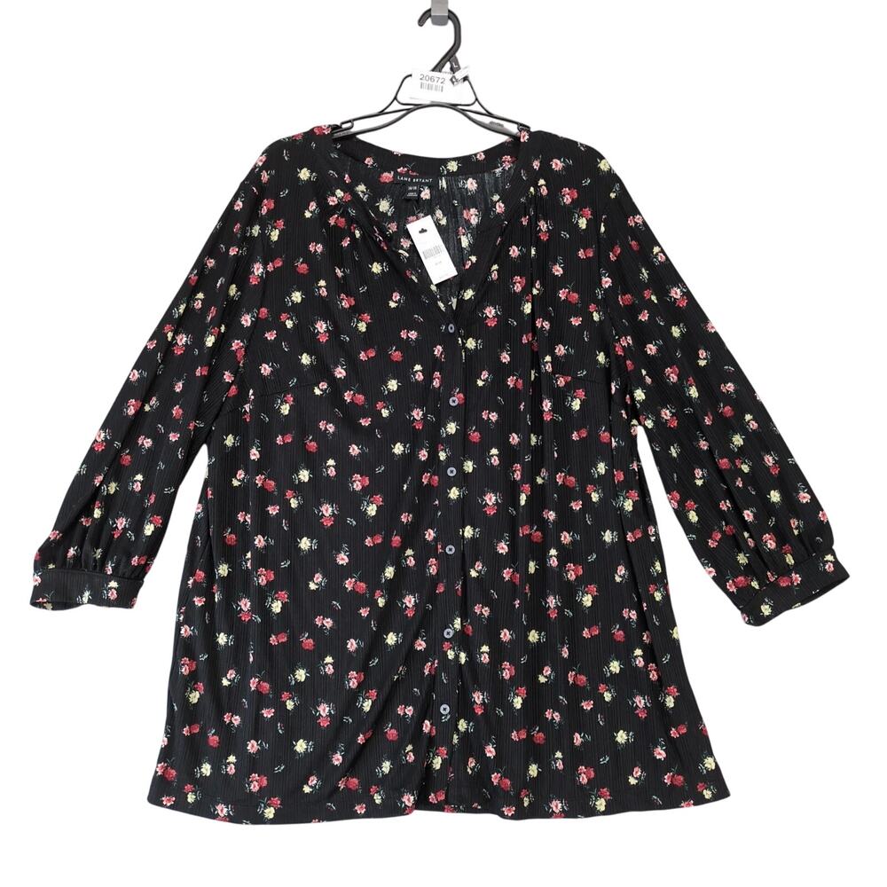 NWT Lane Bryant Black Floral Button Up Shirt Women's Plus Sz‎ 26/28 Slinky Flowy